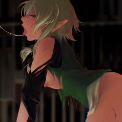 Rule 34 | 1girl, after fellatio, aftersex, ahegao, all fours, artist request, bare shoulders, bent over, blood, bottomless, breasts, breasts out, captured, chromatic aberration, cum, cum in mouth, cum string, dungeon, elf, empty eyes, eyebrows, eyelashes, facial, from side, goblin slayer!, green eyes, green hair, hair ornament, hair ribbon, half-closed eyes, high elf archer (goblin slayer!), highres, indoors, injury, kneeling, long pointy ears, looking at viewer, nipples, open mouth, pointy ears, rape, ribbon, rolling eyes, scrape, scratches, short hair, short hair with long locks, sideboob, sidelocks, small breasts, solo, teeth, tongue, tongue out, torn clothes, upper teeth only