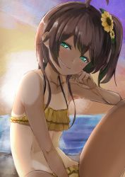 Rule 34 | 1girl, ahoge, beach, bikini, blush, breasts, brown hair, collarbone, commentary, eyelashes, flower, frilled bikini, frills, green eyes, grin, hair flower, hair ornament, half-closed eyes, highres, hololive, knee up, looking at viewer, medium hair, midriff, natsuiro matsuri, natsuiro matsuri (hololive summer 2019), ocean, outdoors, side ponytail, sitting, small breasts, smile, solo, swimsuit, tan, tanline, thighs, virtual youtuber, yellow bikini, yohane