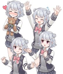 Rule 34 | :3, arms up, ascot, blazer, blue jacket, blue skirt, blush, bow, bowtie, cevio, closed eyes, commentary, double bun, grey hair, grey sweater, hair bun, highres, holding, holding stuffed toy, horns, jacket, koharu rikka, lakiston, looking at viewer, miniskirt, multiple views, nichika (nitikapo), one eye closed, outstretched arms, pink bow, pink bowtie, pleated skirt, purple eyes, raglan sleeves, ribbon, school uniform, short hair, skirt, smile, striped ribbon, stuffed animal, stuffed toy, sweater, teddy bear, tongue, tongue out, voiceroid, white background