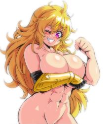 Rule 34 | 1girl, abs, ahoge, areola slip, blonde hair, body blush, breasts, cleavage, covering privates, covering breasts, cowboy shot, female focus, highres, huge breasts, lewdamone, long hair, looking at viewer, muscular, muscular female, navel, nude, one eye closed, purple eyes, rwby, shiny skin, simple background, smile, solo, standing, upper body, white background, wink, yang xiao long