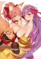 Rule 34 | 10s, 2girls, animal ears, animal hands, asymmetrical docking, bare shoulders, bell, belt collar, black legwear, bow, breast press, breasts, cat paws, collar, commentary request, english text, fangs, fate/extra, fate/extra ccc, fate/grand order, fate (series), fox ears, fox tail, gloves, hair bow, hair ribbon, halterneck, highres, huge breasts, jingle bell, large breasts, long hair, looking at viewer, multiple girls, neck bell, o-ring, o-ring top, passionlip (fate), paw gloves, pink hair, pink ribbon, purple eyes, purple hair, revision, ribbon, signature, simple background, tail, tamamo (fate), tamamo cat (fate), tamamo cat (first ascension) (fate), text focus, thighhighs, very long hair, white background, yaman, yellow eyes