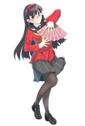 Rule 34 | 1girl, amagi yukiko, black eyes, black footwear, black hair, black pantyhose, cardigan, commentary request, folding fan, glasses, hairband, hand fan, highres, hime cut, houndstooth, loafers, long hair, pantyhose, persona, persona 4, pleated skirt, red hairband, red sweater, sansu, school uniform, shoes, skirt, sweater, white background, yasogami school uniform