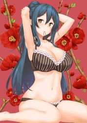 Rule 34 | 10s, 1girl, adjusting hair, arifureta shokugyou de sekai saikyou, armpits, arms behind head, arms up, bare arms, bare legs, bare shoulders, barefoot, black bra, black panties, blue hair, bra, breasts, brown eyes, cleavage, collarbone, floral background, flower, hair between eyes, hair tie, hair tie in mouth, highres, large breasts, lingerie, long hair, looking at viewer, mouth hold, navel, panties, pointy ears, ponytail, red background, red flower, sidelocks, sitting, solo, stomach, striped bra, striped clothes, takayaki, thighs, tio clarce, underwear, underwear only, wariza