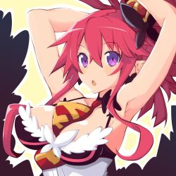 Rule 34 | 1girl, armpits, arms up, breasts, cleavage, crown, disgaea, iwashi dorobou -r-, jewelry, large breasts, looking at viewer, makai senki disgaea 5, necktie, open mouth, pink hair, pointy ears, ponytail, purple eyes, seraphina (disgaea), smile, solo