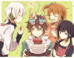 Rule 34 | 163yunatsu, 2boys, 2girls, :|, amamiya hibiya, apron, asahina hiyori, birthday, birthday cake, black eyes, black hair, black shirt, blunt bangs, border, breath, brown eyes, brown hair, cake, cake slice, candle, clenched hand, closed mouth, clothes writing, collarbone, collared vest, cone, confetti, crossed arms, diagonal-striped clothes, diagonal-striped headwear, english text, eyewear on head, finger to own chin, food, fruit, groucho glasses, glasses, green background, green scrunchie, hair between eyes, happy birthday, hat, headphones, holding, holding food, holding party popper, holding plate, hood, hoodie, index finger raised, jacket, kagerou project, kisaragi momo, konoha (kagerou project), light blush, long sleeves, looking at another, looking away, low twintails, mekakucity actors, multicolored clothes, multicolored jacket, multiple boys, multiple girls, open mouth, orange hair, orange hoodie, outside border, party hat, party popper, pink apron, plate, red-framed eyewear, scrunchie, shirt, short hair, short sleeves, shy, side ponytail, smile, sparkle, strawberry, striped clothes, striped headwear, sweat, sweater vest, thought bubble, twintails, two-tone jacket, vest, wavy mouth, white border, white hair, white jacket, white sweater vest, white vest