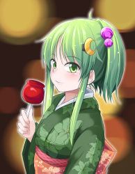 Rule 34 | 1girl, ahoge, alternate hairstyle, blurry, blurry background, blush, bokeh, candy apple, commentary request, crescent, crescent hair ornament, depth of field, floral print, food, from side, green eyes, green hair, hair ornament, hair up, holding, ichimi, japanese clothes, kantai collection, kimono, long hair, looking at viewer, looking to the side, nagatsuki (kancolle), obi, print kimono, sash, sidelocks, smile, solo, updo, upper body, wide sleeves, yukata