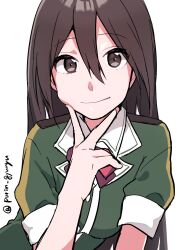 Rule 34 | 1girl, bow, bowtie, brown eyes, brown hair, chikuma (kancolle), green shirt, highres, kantai collection, long hair, looking at viewer, niina (purin gyunyu), one-hour drawing challenge, red bow, red bowtie, shirt, simple background, smile, solo, twitter username, white background