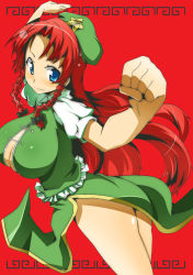 Rule 34 | 1girl, blue eyes, braid, breasts, female focus, hat, hong meiling, immaterial and missing power, large breasts, long hair, no bra, no panties, red hair, ribbon, solo, toudori, touhou, twin braids