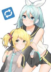 Rule 34 | 2girls, alternate hairstyle, aqua eyes, aqua hair, aqua necktie, arm warmers, bare shoulders, belt, black collar, black shorts, black sleeves, blonde hair, bow, collar, commentary, cosplay, costume switch, crop top, detached sleeves, grey shirt, hair bow, hair ornament, hands on another&#039;s shoulders, hatsune miku, hatsune miku (cosplay), headphones, highres, kagamine rin, kagamine rin (cosplay), leaning forward, long hair, looking at viewer, multiple girls, neckerchief, necktie, nonnon 2012, sailor collar, school uniform, shirt, short hair, short shorts, shorts, sleeveless, sleeveless shirt, smile, swept bangs, twintails, very long hair, vocaloid, white background, white bow, white shirt, yellow neckwear