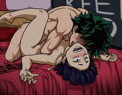 Rule 34 | 1boy, 1girl, artist request, bed, bed sheet, blush, boku no hero academia, boy on top, completely nude, faceless, faceless male, green hair, hetero, jirou kyouka, licking, licking another&#039;s neck, lying, midoriya izuku, missionary, muscular, muscular male, musical note, nude, on back, on bed, open mouth, purple hair, sex, sweat, tagme, thighs, trembling