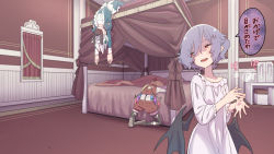 Rule 34 | 3girls, anger vein, bat wings, bed, black legwear, blonde hair, blue dress, brown footwear, commentary request, crystal, dress, flandre scarlet, canopy bed, grey hair, highres, injury, izayoi sakuya, juliet sleeves, kawayabug, long hair, long sleeves, maid, multiple girls, open mouth, pink dress, pointy ears, puffy sleeves, red eyes, red shorts, red vest, remilia scarlet, shirt, short hair, shorts, suspenders, thighhighs, torn clothes, torn dress, torn legwear, touhou, translation request, vest, white shirt, wings