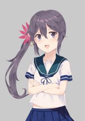 Rule 34 | 10s, 1girl, akebono (kancolle), bad id, bad pixiv id, bell, collarbone, commentary request, cowboy shot, crossed arms, fang, flower, grey background, hair bell, hair flower, hair ornament, jingle bell, kantai collection, long hair, neck ribbon, open mouth, puririn, ribbon, school uniform, serafuku, side ponytail, simple background, solo