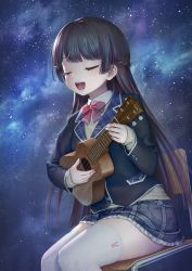 Rule 34 | 1girl, black hair, bow, bowtie, braid, chair, closed eyes, commentary request, highres, holding, holding instrument, instrument, kath, long hair, nijisanji, open mouth, school chair, school uniform, skirt, sky, smile, solo, star (sky), starry sky, teeth, thighhighs, tsukino mito, tsukino mito (1st costume), ukulele, virtual youtuber, white thighhighs
