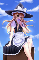 Rule 34 | 1girl, blonde hair, brown eyes, candy, day, dress, food, hat, highres, kirisame marisa, lollipop, long hair, looking at viewer, meng xiao jiong, sitting, sky, solo, tongue, touhou, witch hat