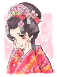 Rule 34 | 1girl, blush, hair ornament, hands on own cheeks, hands on own face, headdress, iori tabasa, japanese clothes, kimono, lips, portrait, red eyes, sleeves past wrists, solo