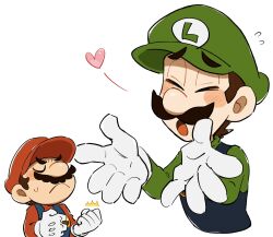 Rule 34 | 2boys, blue eyes, blue overalls, brown hair, facial hair, gloves, green shirt, hat, highres, luigi, male focus, mario, mario (series), mimimi (mimimim9999), multiple boys, mustache, nintendo, overalls, red hat, shirt, short hair, white gloves