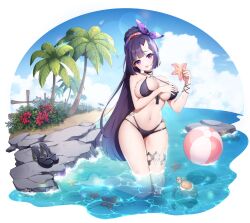 Rule 34 | 1girl, arm under breasts, artist request, ayame (eversoul), ball, bare arms, bare legs, barefoot, beach, beachball, bikini, black bikini, black choker, blue sky, breasts, choker, cloud, eversoul, full body, game cg, hair ribbon, high heels, high ponytail, highres, horns, kneeling, large breasts, lens flare, light blush, looking at viewer, o-ring, o-ring bikini, ocean, official alternate costume, official alternate hairstyle, official art, oni horns, open mouth, palm tree, parted bangs, ponytail, purple eyes, purple hair, ribbon, shoes, unworn shoes, sky, solo, starfish, swimsuit, tachi-e, thighlet, tree, turtle, white background
