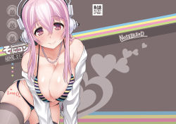 Rule 34 | 1girl, bikini, black thighhighs, blush, body writing, breasts, cleavage, cover, english text, headphones, large breasts, long hair, looking at viewer, miyamoto issa, multicolored stripes, nitroplus, pink eyes, pink hair, shiny skin, skindentation, smile, solo, striped bikini, striped clothes, super sonico, swimsuit, thighhighs