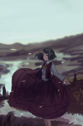 Rule 34 | 1girl, absurdres, ascot, blurry, day, depth of field, grass, green hair, highres, horizon, kazami yuuka, landscape, looking at viewer, looking to the side, mifuru, red eyes, river, short hair, sketch, skirt, sky, smile, solo, touhou, vest, wind