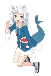 Rule 34 | 1girl, :d, animal costume, animal ear fluff, animal ears, blue eyes, blue hair, blunt bangs, cat ears, claw pose, drawstring, fins, fish tail, full body, gawr gura, gawr gura (1st costume), hololive, hololive english, kemonomimi mode, long hair, long sleeves, looking at viewer, multicolored hair, open mouth, saiste, shark costume, shark tail, sharp teeth, shoes, simple background, sleeves past wrists, smile, sneakers, solo, streaked hair, tail, teeth, two side up, virtual youtuber, white background, white hair, wide sleeves