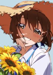 Rule 34 | 1girl, blue sky, blurry, blush, brown eyes, brown hair, collared shirt, commentary request, flower, hagiwara yukiho, hat, idolmaster, idolmaster (classic), leaf, looking at viewer, open mouth, outdoors, shirt, short hair, sky, smile, solo, straw hat, sunflower, teeth, upper body, white shirt, yoko.u