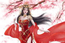 Rule 34 | 1girl, absurdres, artist request, black hair, cai lin (doupo cangqiong), cherry blossoms, closed mouth, collar, doupo cangqiong, dress, earrings, falling petals, hagoromo, hair ornament, highres, jewelry, long hair, metal collar, petals, red dress, red eyes, red nails, second-party source, shawl, solo, strapless, strapless dress, white background