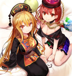 Rule 34 | 2girls, bare legs, bare shoulders, barefoot, black dress, black shirt, blonde hair, breasts, chain, chinese clothes, cleavage, clothes writing, collar, collarbone, dress, earth (ornament), efe, hat, hecatia lapislazuli, junko (touhou), long hair, long sleeves, looking at viewer, looking up, miniskirt, moon (ornament), multicolored clothes, multicolored skirt, multiple girls, off-shoulder shirt, off shoulder, orange eyes, red eyes, red hair, shirt, short hair, skirt, smile, t-shirt, tabard, tassel, touhou, very long hair, wide sleeves
