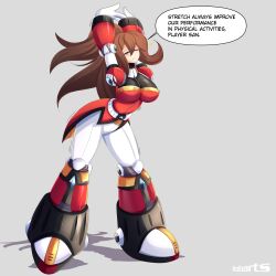 Rule 34 | 1girl, absurdres, armor, arms up, artist name, breasts, brown hair, cammy stretch (meme), female focus, green eyes, highres, iris (mega man), iris -another- (mega man), large breasts, long hair, mega man (series), mega man x (series), mega man x dive, meme, one eye closed, robarts hallway, robot girl, tagme, wink