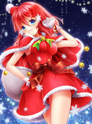 Rule 34 | 10s, 1girl, blue eyes, breasts, capelet, christmas, dress, gloves, hair ornament, hat, looking at viewer, medium breasts, open mouth, red hair, ribbon, rose (tales), santa costume, smile, solo, tales of (series), tales of zestiria