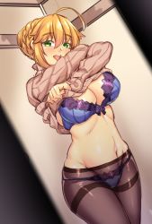Rule 34 | 1girl, ahoge, artoria pendragon (fate), artoria pendragon (lancer) (fate), black pantyhose, blonde hair, blue bra, blue panties, blush, bra, braid, braided bun, breasts, brown sweater, cleavage, commentary request, dutch angle, fate/grand order, fate (series), green eyes, hair between eyes, hair bun, highres, indoors, lace, lace-trimmed bra, lace trim, large breasts, long sleeves, looking at viewer, navel, open mouth, panties, panties under pantyhose, pantyhose, ribbed sweater, shirokuma a, smile, solo, standing, stomach, sweater, thighband pantyhose, underwear, undressing