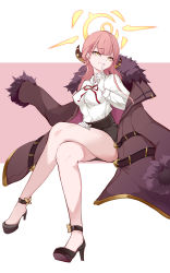 Rule 34 | 1girl, absurdres, aru (blue archive), bare legs, black footwear, black skirt, blue archive, breasts, brown jacket, closed mouth, crossed legs, finger to mouth, full body, fur-trimmed jacket, fur trim, gloves, halo, hand on own thigh, high heels, highres, horns, jacket, jacket on shoulders, legs, long hair, looking at viewer, medium breasts, neck ribbon, pink hair, priest77, red ribbon, ribbon, shirt, simple background, sitting, skirt, smile, solo, white gloves, white shirt, yellow eyes