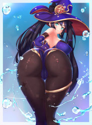 Rule 34 | 1girl, absurdres, aqua eyes, artist request, ass, bare shoulders, blush, breasts, cameltoe, cleft of venus, detached sleeves, elbow gloves, embarrassed, from behind, genshin impact, gloves, hair ornament, hair ribbon, hat, highres, huge ass, leaning, leaning forward, leotard, long hair, looking at viewer, looking back, mona (genshin impact), pantyhose, purple hair, ribbon, shiny clothes, shiny skin, sideboob, solo, thighlet, twintails, very long hair, vision (genshin impact), water