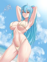 Rule 34 | absurdres, armpits, arms behind head, arms up, beach, bikini, blue hair, breasts, commission, curvy, dungeon and fighter, epko, hair ribbon, highleg, highleg bikini, highleg swimsuit, highres, large breasts, looking at viewer, navel, ponytail, red eyes, ribbon, shiny skin, solo, sweat, swimsuit, underboob