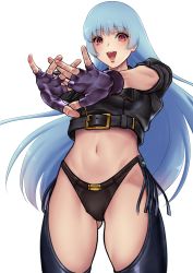 Rule 34 | 1girl, absurdres, angel (kof), angel (kof) (cosplay), beniazumaru, black jacket, black panties, blue hair, chaps, commentary request, cosplay, feet out of frame, fingerless gloves, gloves, gluteal fold, highres, jacket, kula diamond, long hair, looking at viewer, navel, open mouth, panties, red eyes, simple background, snk heroines: tag team frenzy, solo, the king of fighters, thighs, underwear, white background