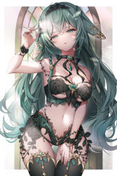 Rule 34 | 1girl, animal ears, bare shoulders, black choker, black thighhighs, bow, bra, bracelet, braid, breasts, choker, cloud9, collarbone, commission, depths (vtuber), ear ornament, flower, green eyes, green flower, green hair, green panties, green rose, hair between eyes, hand up, highres, jewelry, lace, lace-trimmed bra, lace-trimmed panties, lace trim, large breasts, long hair, looking at viewer, metatarou, navel, panties, parted lips, rabbit girl, rose, side braid, single braid, skeb commission, solo, stained glass, stomach, thighhighs, underwear, virtual youtuber