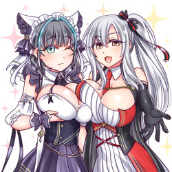 Rule 34 | 2girls, ;3, azur lane, between breasts, black gloves, black hair, blush, bow, breast hold, breast press, breasts, cape, cheshire (azur lane), cleavage, drake (azur lane), dress, elbow gloves, gloves, green eyes, large breasts, long hair, looking at viewer, multiple girls, one eye closed, open mouth, short dress, side ponytail, silver hair, smile, strapless, strapless dress, symmetrical docking, upper body, white dress, world of warships, yakisobapan tarou &amp; negitoro-ko, yellow eyes