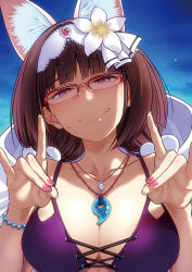 Rule 34 | 1girl, animal ears, bikini, blunt bangs, blush, breasts, brown hair, cleavage, fate (series), fingernails, fox ears, fox shadow puppet, glasses, hair ornament, jewelry, large breasts, long fingernails, looking at viewer, magatama, magatama necklace, necklace, osakabehime (fate), osakabehime (foxy lady) (fate), purple bikini, purple eyes, puyo (puyotopia), solo, swimsuit, twintails, upper body
