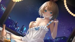 Rule 34 | 1girl, absurdres, aogiri koukou, blue bow, blue eyes, blurry, blurry background, blush, bottle, bow, breasts, brown hair, cityscape, cleavage, collarbone, covering one breast, covering privates, dress, dress bow, highres, kkix25, kurikoma komaru, lights, medium breasts, orange bow, parted lips, short hair, signature, single bare shoulder, sky, solo, star (sky), starry sky, virtual youtuber, white dress