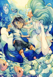 Rule 34 | 1boy, air bubble, antenna hair, black hair, black pants, blue footwear, blue theme, brionne, bubble, capri pants, commentary request, creatures (company), day, elio (pokemon), full body, game freak, gen 3 pokemon, gen 7 pokemon, highres, looking at another, luvdisc, male focus, nintendo, ocean, outdoors, pants, pokemon, pokemon (creature), pokemon sm, popplio, primarina, shirt, shoes, short hair, short sleeves, sneakers, solo focus, striped clothes, striped shirt, submerged, swept bangs, swimming, t-shirt, twitter username, underwater, water, watermark, yamanashi taiki