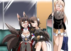 Rule 34 | 3girls, akagi (azur lane), animal ear fluff, animal ears, azur lane, black hair, black kimono, blonde hair, blood, breasts, brown hair, cleavage, commentary request, crossover, epaulettes, closed eyes, fox ears, fox tail, goggles, goggles on head, hanna-justina marseille, horns, injury, japanese clothes, kimono, kitsune, large breasts, long hair, mikasa (azur lane), military, military uniform, multiple girls, multiple tails, open mouth, pantyhose, sitting, skirt, sleeping, standing, steed (steed enterprise), straight hair, strike witches, surprised, tail, uniform, very long hair, world witches series