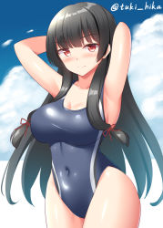 Rule 34 | 1girl, alternate costume, arms behind back, black hair, blue sky, blue one-piece swimsuit, blush, breasts, cloud, cloudy sky, collarbone, competition swimsuit, covered navel, cowboy shot, hair ribbon, isokaze (kancolle), kantai collection, large breasts, long hair, looking at viewer, one-hour drawing challenge, one-piece swimsuit, outdoors, red eyes, red ribbon, ribbon, sky, solo, swimsuit, tokyo yamane, tress ribbon, twitter username, white one-piece swimsuit