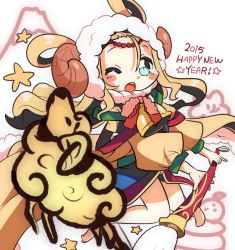 Rule 34 | 10s, 1girl, 2015, ;d, animal costume, bare legs, bell, blonde hair, blush stickers, bunsuke, calligraphy brush, circlet, green eyes, hair rings, happy new year, hood, horns, long hair, long sleeves, meimei (p&amp;d), mountain, new year, off shoulder, one eye closed, open mouth, paintbrush, puzzle &amp; dragons, sheep, sheep costume, sheep horns, simple background, smile, solo, star (symbol), white background