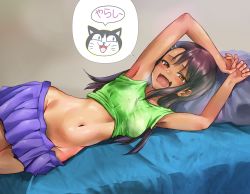 Rule 34 | 1girl, absurdres, alternate costume, armpits, bad id, bad pixiv id, black hair, breasts, brown eyes, cat, check commentary, clothes lift, commentary request, dark-skinned female, dark skin, female focus, goldowl, hair ornament, hairclip, highres, ijiranaide nagatoro-san, indoors, looking at viewer, lying, nagatoro hayase, navel, on bed, on side, open mouth, pillow, shirt lift, skirt, small breasts, solo, stomach, wide hips