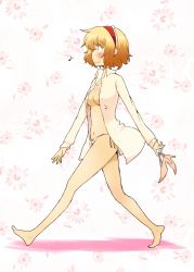 Rule 34 | 1girl, alice margatroid, bad id, bad pixiv id, barefoot, blonde hair, blouse, blush, bow, bow panties, breasts, dress shirt, female focus, from side, hairband, high heels, holding, holding shoes, long sleeves, musical note, naked shirt, navel, no bra, no pants, non (z-art), open clothes, open shirt, panties, profile, shirt, shoes, unworn shoes, short hair, side-tie panties, solo, touhou, underwear, walking, white shirt