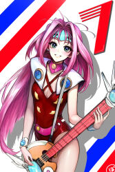 Rule 34 | absurdres, blue eyes, breasts, cowboy shot, electric guitar, guitar, headgear, highres, instrument, kt68339720, leotard, long hair, macross, macross 7, mylene jenius, parted lips, pink eyes, pointy ears, red leotard, small breasts, smile, standing, wristband