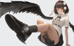 Rule 34 | 1girl, ankle socks, arm support, black hair, black wings, blush, bow, bowtie, convenient censoring, dutch angle, embarrassed, fjsmu, foot focus, foreshortening, frown, hat, highres, looking away, looking to the side, mary janes, no panties, pom pom (clothes), red eyes, shameimaru aya, shoes, short hair, simple background, sitting, sketch, skirt, socks, solo, tokin hat, touhou, white background, wings