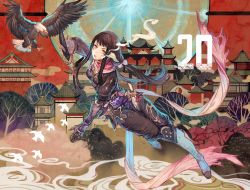 Rule 34 | 1girl, absurdres, architecture, au ra, bird, black hair, black pants, black shirt, blunt bangs, boots, commentary request, dagger, eagle, east asian architecture, final fantasy, final fantasy xiv, gauntlets, hair ribbon, highres, holding, holding dagger, holding knife, holding weapon, jumping, knee boots, knife, long hair, looking at viewer, low twintails, pants, parted lips, reverse grip, ribbon, rosette (yankaixuan), sash, scarf, shirt, sidelocks, solo, steam, tree, tress ribbon, twintails, weapon, yellow eyes, yugiri mistwalker