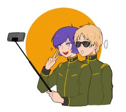 Rule 34 | ..., :d, blonde hair, bright pupils, cellphone, char aznable, commentary, cropped torso, garma zabi, gundam, holding, holding stick, long sleeves, looking at phone, male focus, mobile suit gundam the origin, noodleko, open mouth, orange background, phone, purple eyes, purple hair, selfie, selfie stick, short hair, simple background, smartphone, smile, sparkle, spoken ellipsis, stick, sunglasses, taking picture, teeth, two-tone background, upper body, upper teeth only, v, white background, white pupils