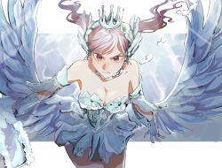 Rule 34 | 1girl, armor, armored dress, bare shoulders, black clover, breasts, cleavage, closed mouth, cross, crown, feathered wings, floating hair, gauntlets, gen me, grey hair, holding, holding polearm, holding weapon, looking at viewer, medium breasts, noelle silva, pink eyes, polearm, serious, solo, twintails, valkyrie, water, water drop, water wings, weapon, wings