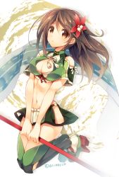 Rule 34 | 10s, 1girl, amagi (kancolle), ariko youichi, bare shoulders, brown eyes, brown hair, cleavage cutout, clothing cutout, colored eyelashes, crop top, flower, flower on head, green thighhighs, hair flower, hair ornament, holding, kantai collection, kneeling, looking at viewer, midriff, miniskirt, mole, mole under eye, ponytail, skirt, solo, staff, thighhighs, zettai ryouiki
